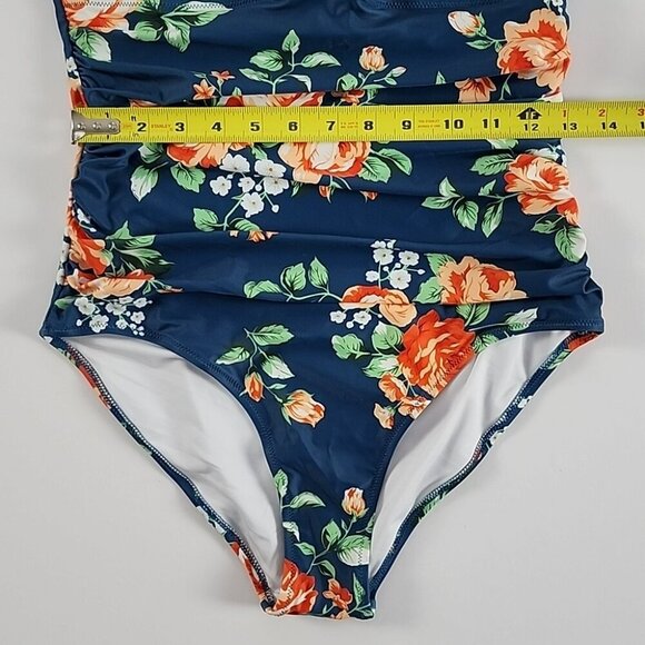Beachsissi Women's One Piece Halter Neck Cross Front Blue Floral Swimsuit Size M - Picture 9 of 11